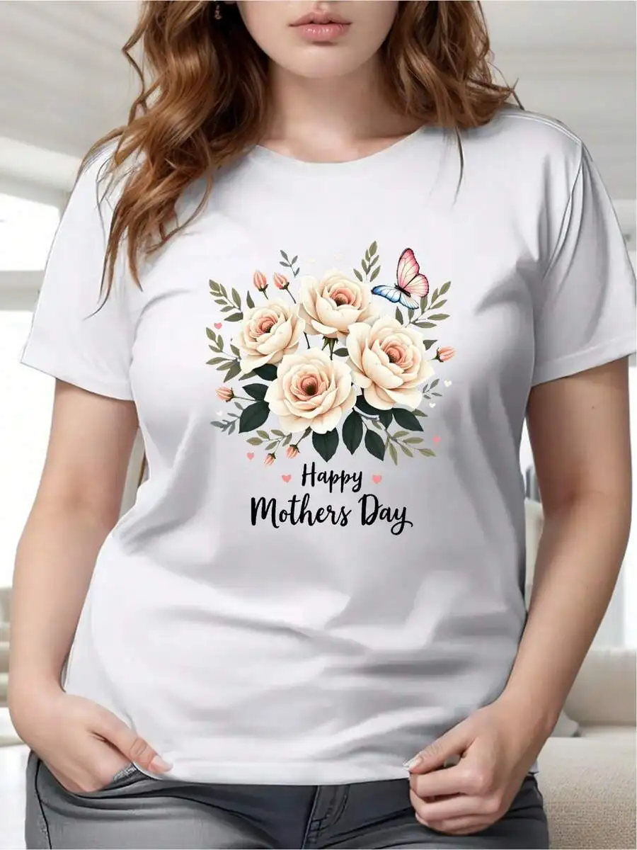 Women's Happy Mother's Day Red Rose & Butterfly Graphic Print T‑Shirt Crew Neck Short Sleeve Casual Tee Top