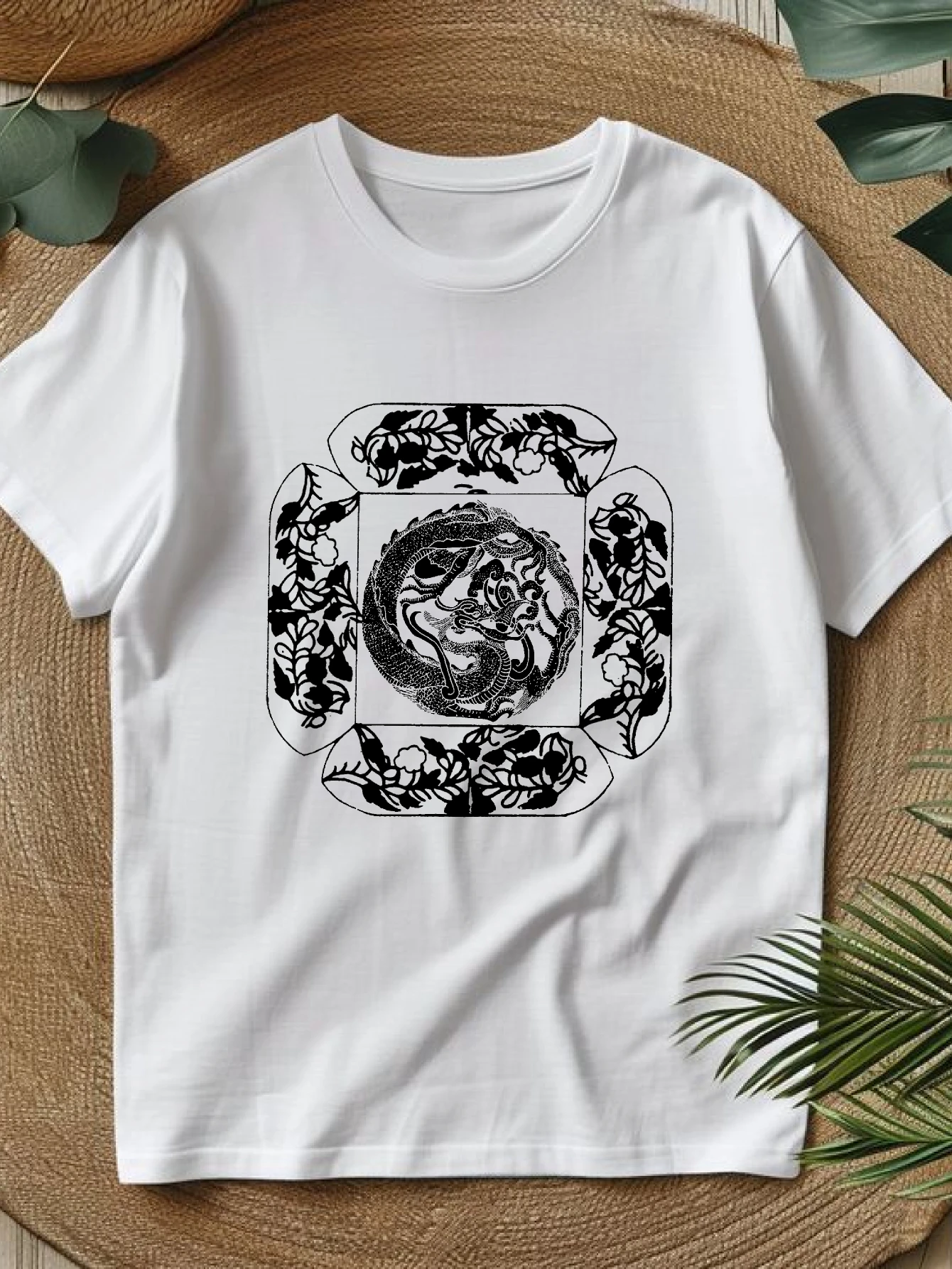 

Женские футболки, рубашки и блузки в китайском стиле, топы y2k, четыре сезона, повседневные, 100% хлопок, с абстрактным цветочным принтом и драконом