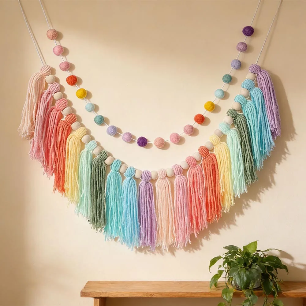 1pc Boho Colorful Rainbow Tassel Garland Handmade Wooden Bead Banner Home Festival Party Decoration Wall Hanging Banner