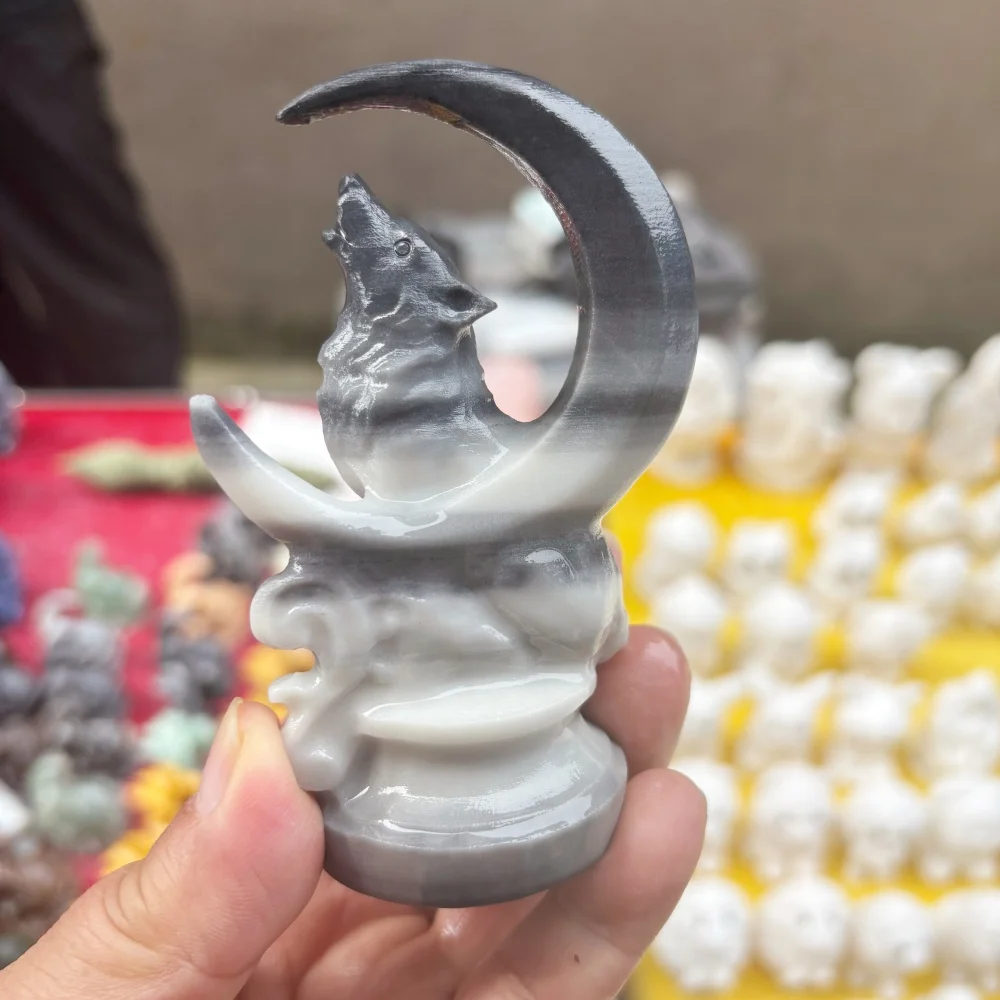 1PCS Natural Quartz Taichi Stone Moon Wolf Carving Crystal Healing Fengshui Fashion Home Decor Lucky Gift
