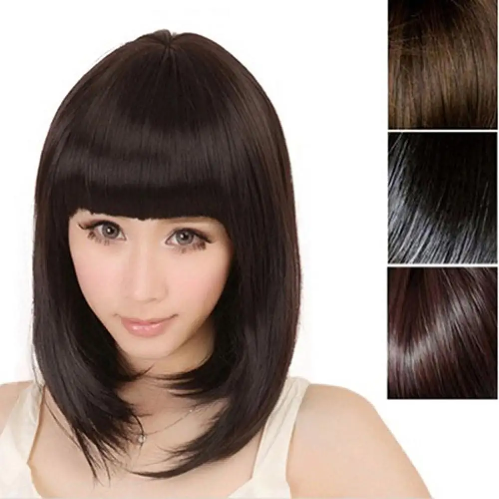 30cm Women Full Bangs Short Straight BOBO Synthetic Hair Cosplay Party Full Wig Fringe Kinky Straight Glueless Machine Made Hair