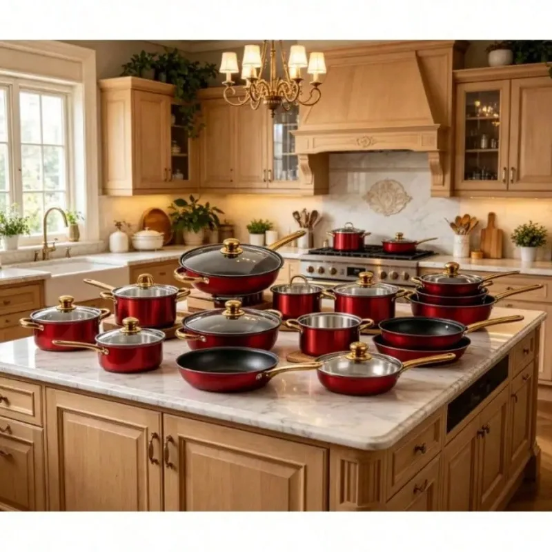 Stainless Steel Cookware Set With Nonstick Surface And Gold Handles Kitchen Pots And Pans For Frying Baking And Cooking Vibrant Wine Red Color Compatible With Multiple Heat Sources