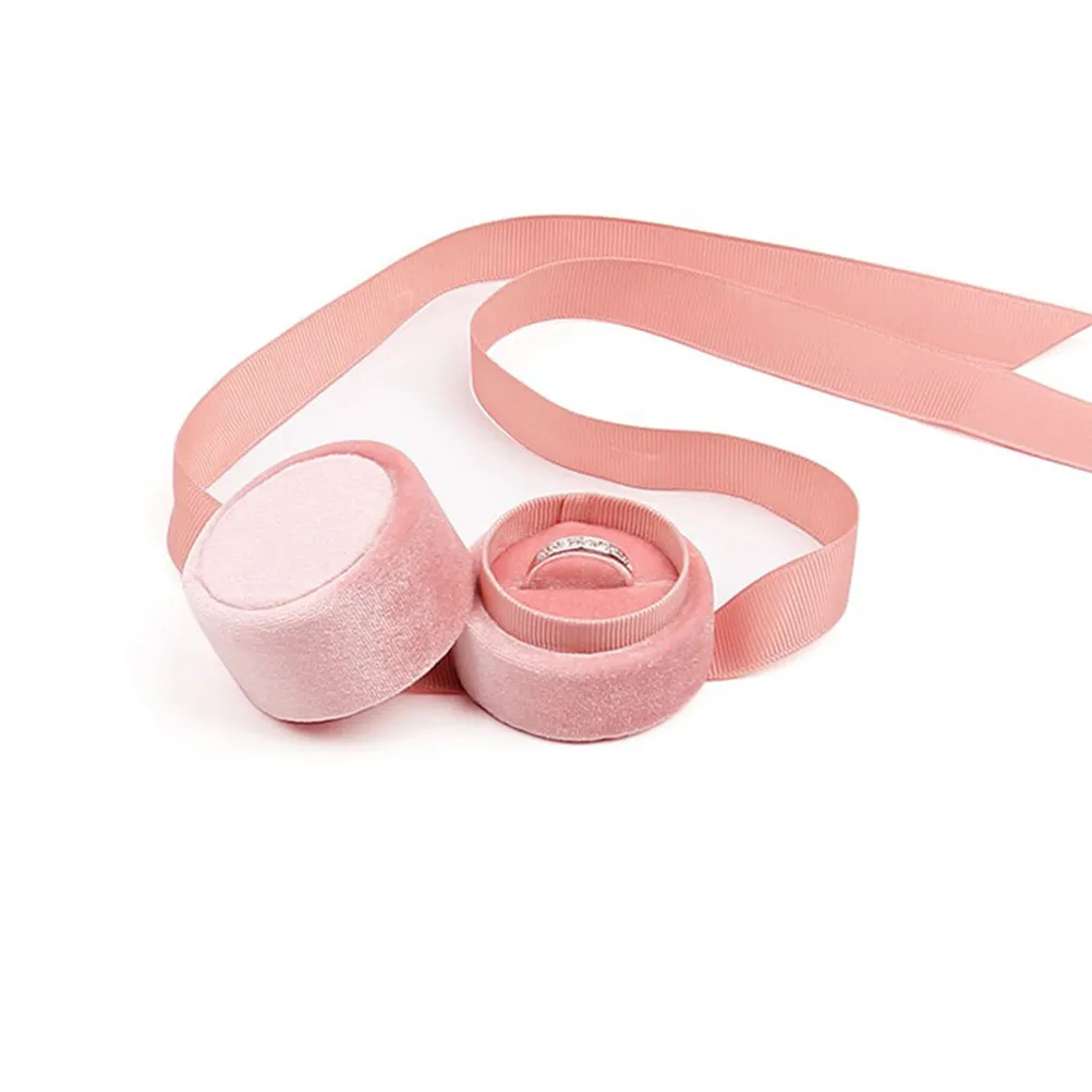 Elegant Pink Round Ring Holder Box Bow Tie Style Flannelette Jewelry Storage Case Romantic Gift for Women Christmas Birthday
