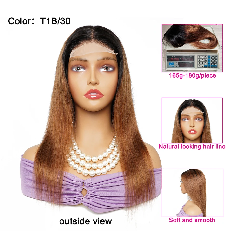 4x4 Lace Closure Wig Straight Ombre Color T1B27 Honey Blonde 1B30 Medium Auburn Remy Indian Human Hair 4x1 Lace Wigs