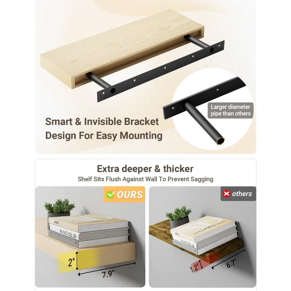 أرفف عائمة من خشب البلوط الأبيض للجدار، 2 رفوف عائمة من الخشب السميك المثبت على الحائط، 48 رفًا عائمًا طويلًا للمطبخ