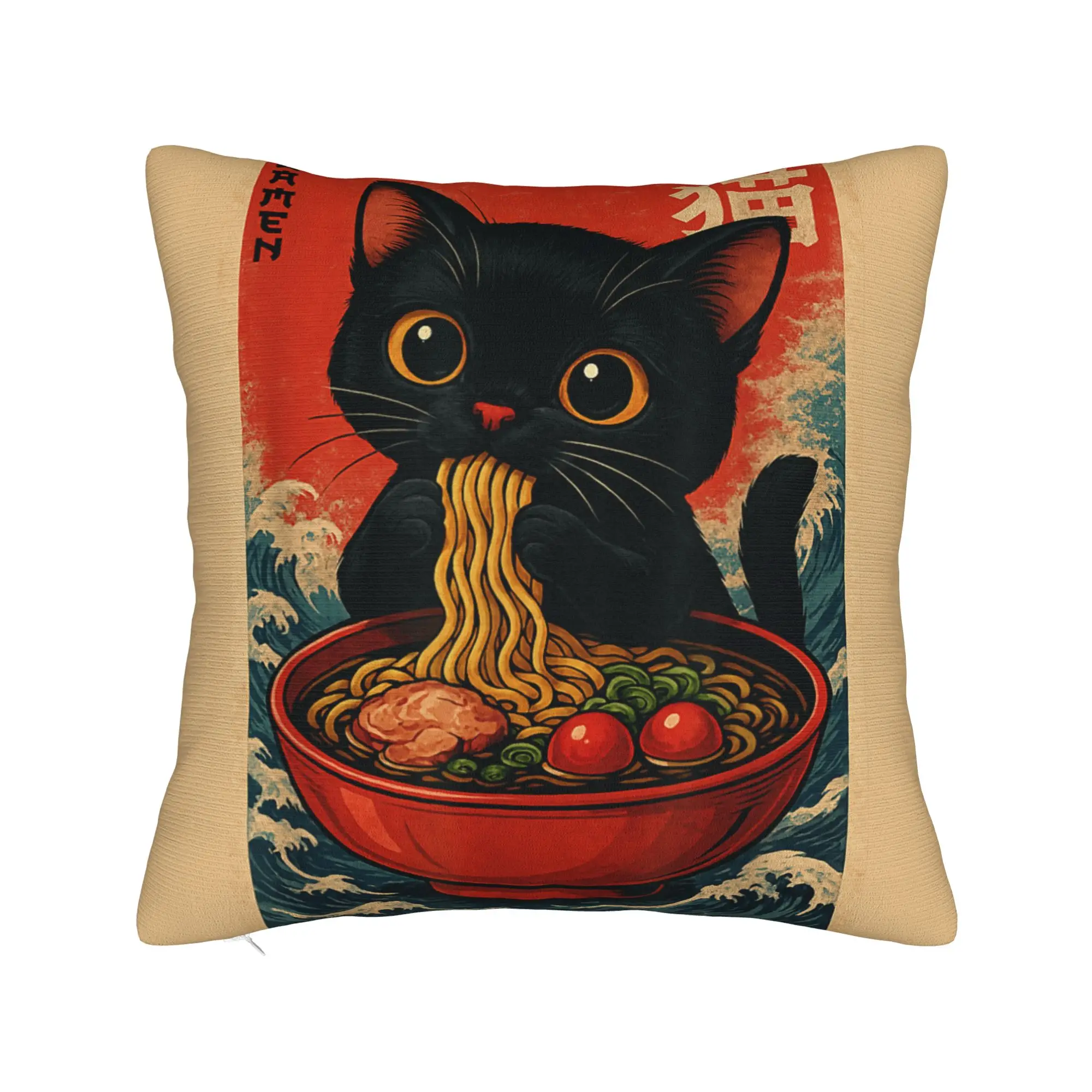 Kawaii Anime Cat Ramen Japanese Pillow Cover  Custom Cushion Cover Cute Funny Pillow Case For Sofa Car Home Decor