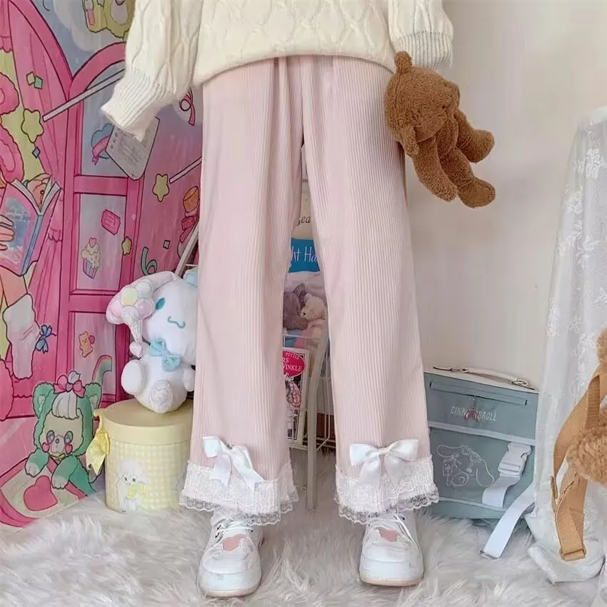 

Japanese Sweet Lolita Womens High Waist Corduroy Pink Pants Bow Lace Wide Leg Pants Y2k Clothes Casual Loose Cute Kawaii Trouser