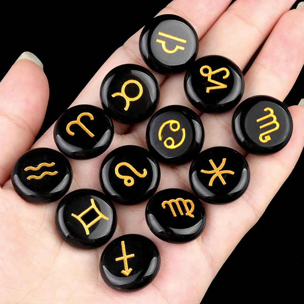 

12 Constellations Themed Rune Spiritual Stone Zodiac Sign Reiki Healing Crystals Pocket Stones Obsidian Gemstone Gifts