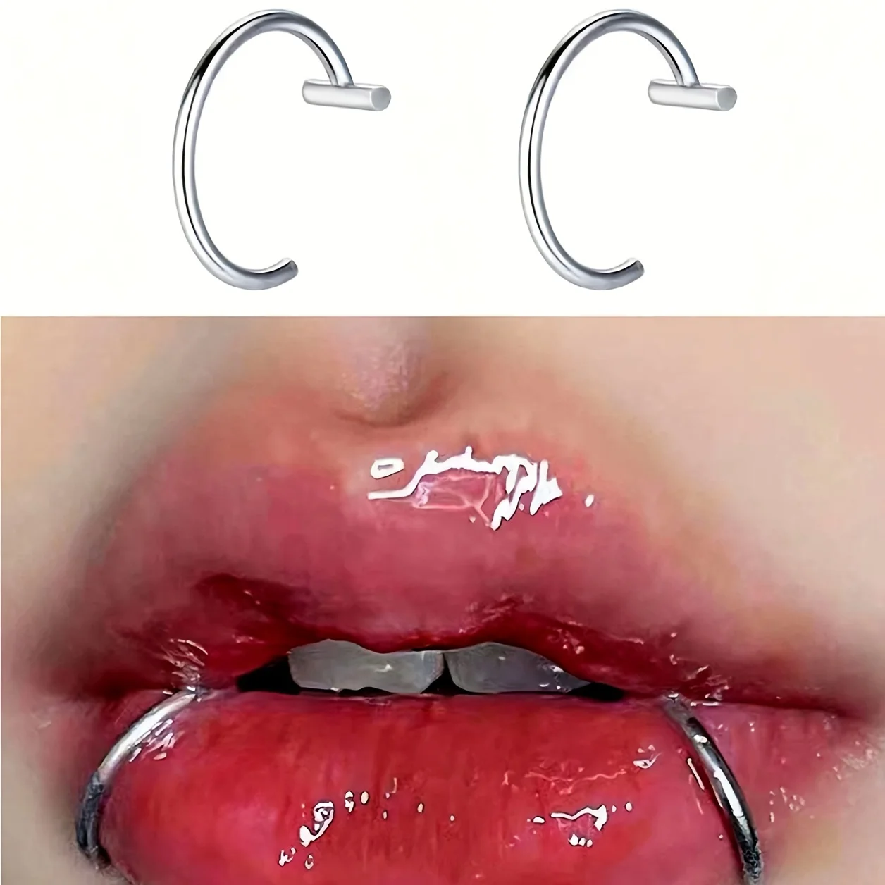 2pcs Stainless Steel Lip Rings C-Shaped Personalized Punk Style Non-Piercing Hip-Hop Fake Lip Nail Piercing Jewelry Unisex