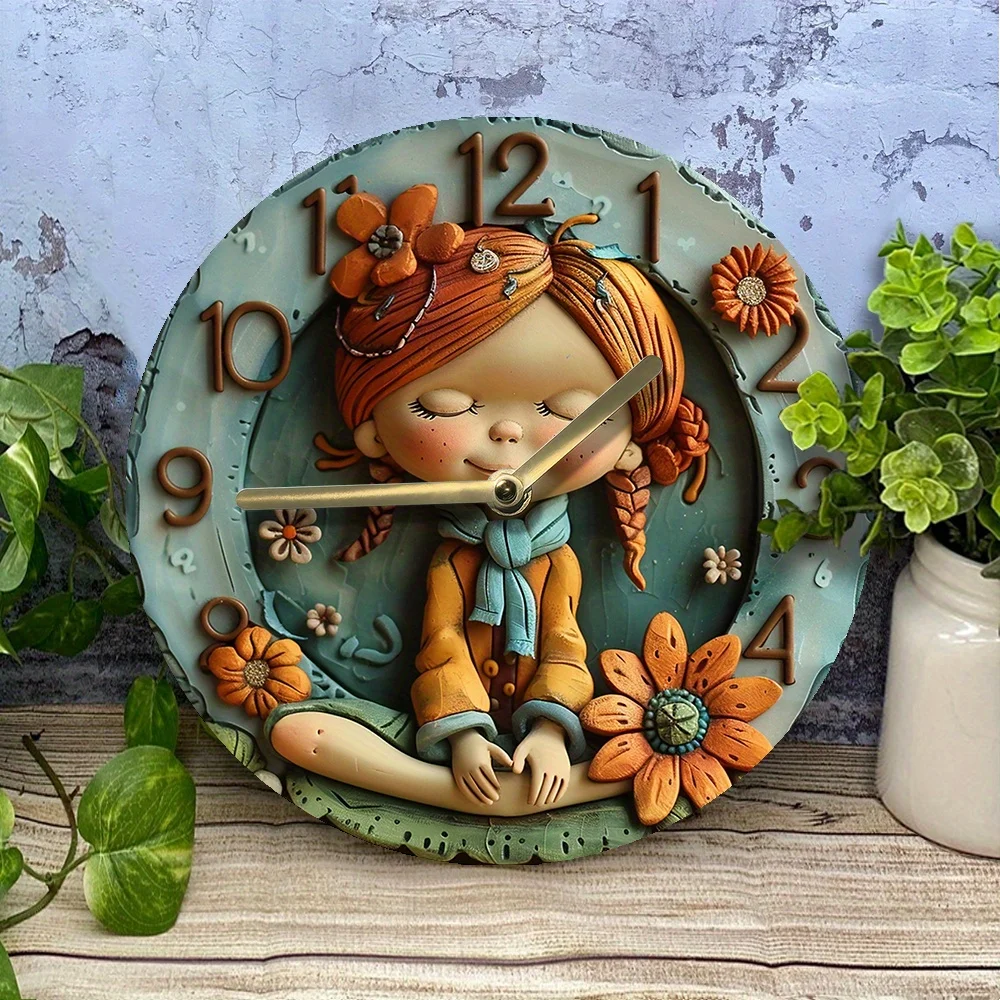 Silent Aluminum Wall Clock with Hippie Girl Theme - Diy, Spring Dorm Decor, Perfect for Women'S Christmas Living Room Decoration