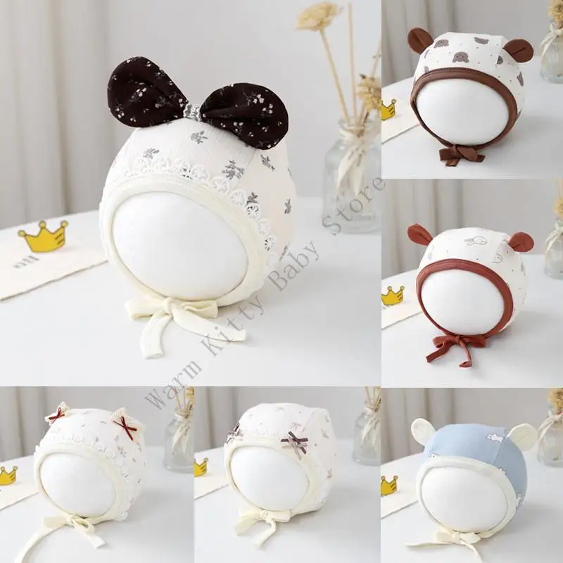 

New Cartoon Bear Newborn Photography Props Beanies Cap Adjustable Lace Floral Baby Photo Shooting Hat Bonnet For 0-5 Months Baby