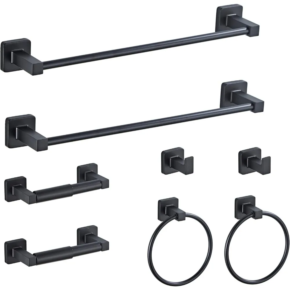 

Matte Black Bathroom Hardware Set 8 Pieces Stainless Steel Wall Mounted Towel Bar Ring Hooks Toilet Paper Holder