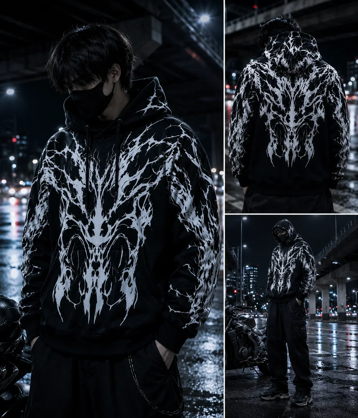 3D Dark Abstract Demon Graphic Biker Hoodie Sweatshirt Unisex Tops Y2K Gothic Motorcycle Streetwear Long‑Sleeve Pullover Hooded
