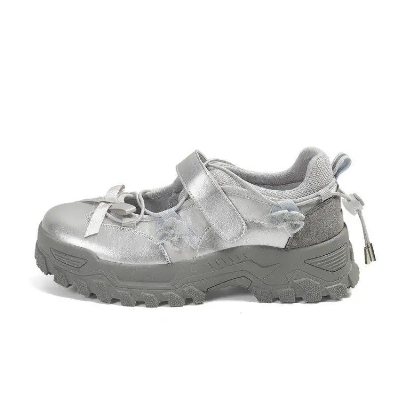 Women Mary Jane Shoes with Knot Thick Bottom Heightening Magic Tape Sports Round Head Ladies Sneakers