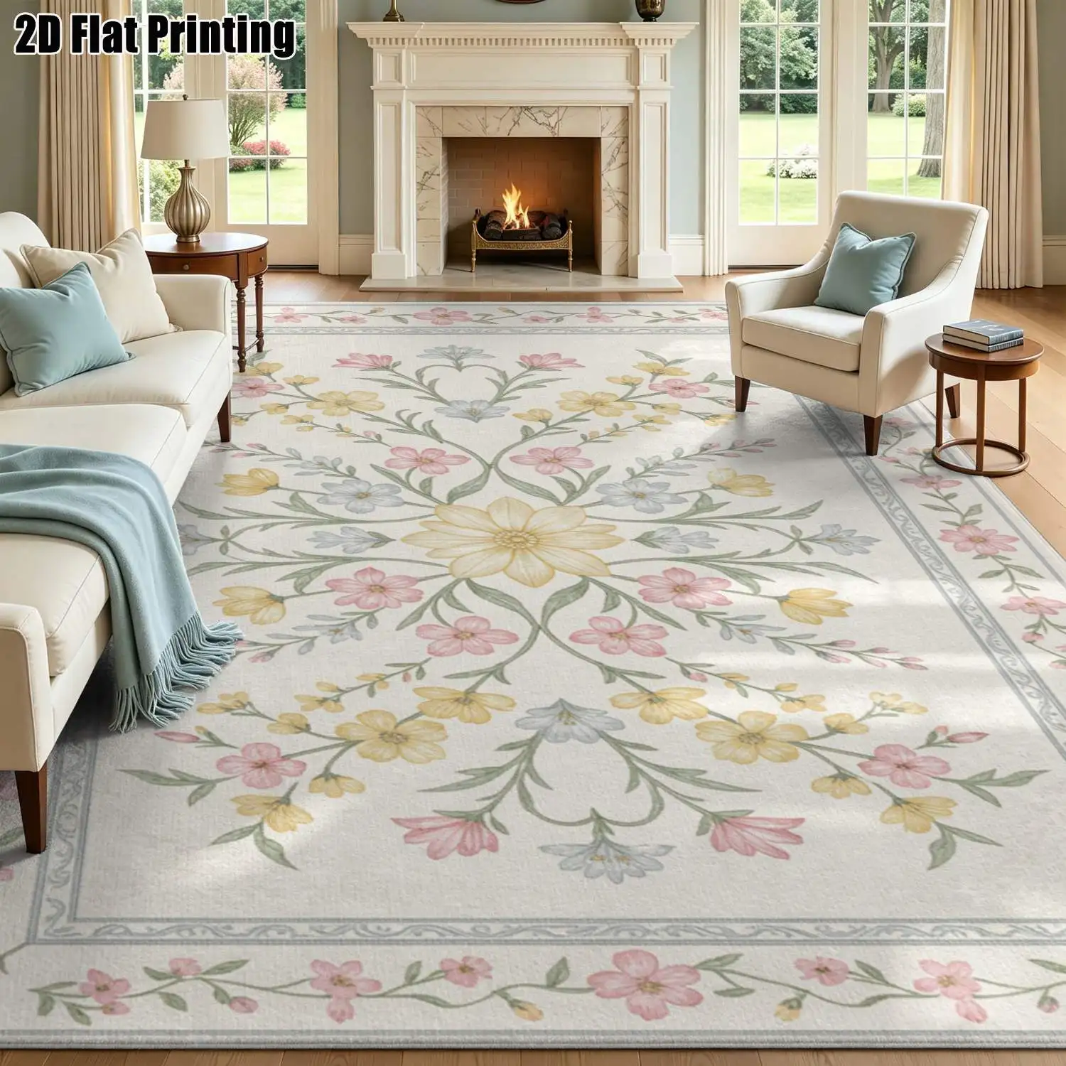 1Pc 2D Printed Carpet: Soft Pink, Yellow & Blue Floral Vintage/Instagram Style, Multi-Size Machine Washable, for Home Decor & Multi-Scene Use
