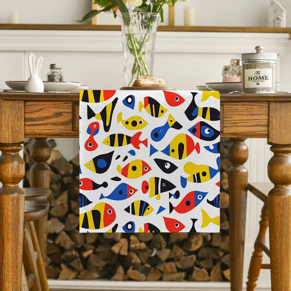 Fish Geometry Abstracts The Ocean Table Runners Dresser Decor for Kitchen Holiday Party Table Runner Washable Dining Long Cloth