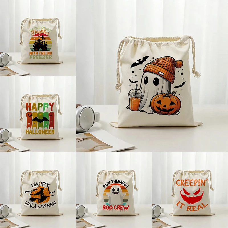 Personalized Halloween Drawstring Bags Custom Logos Cute Ghosts Spooky Pumpkin Witch Retro Storage Gifts Pouches for Women Girls