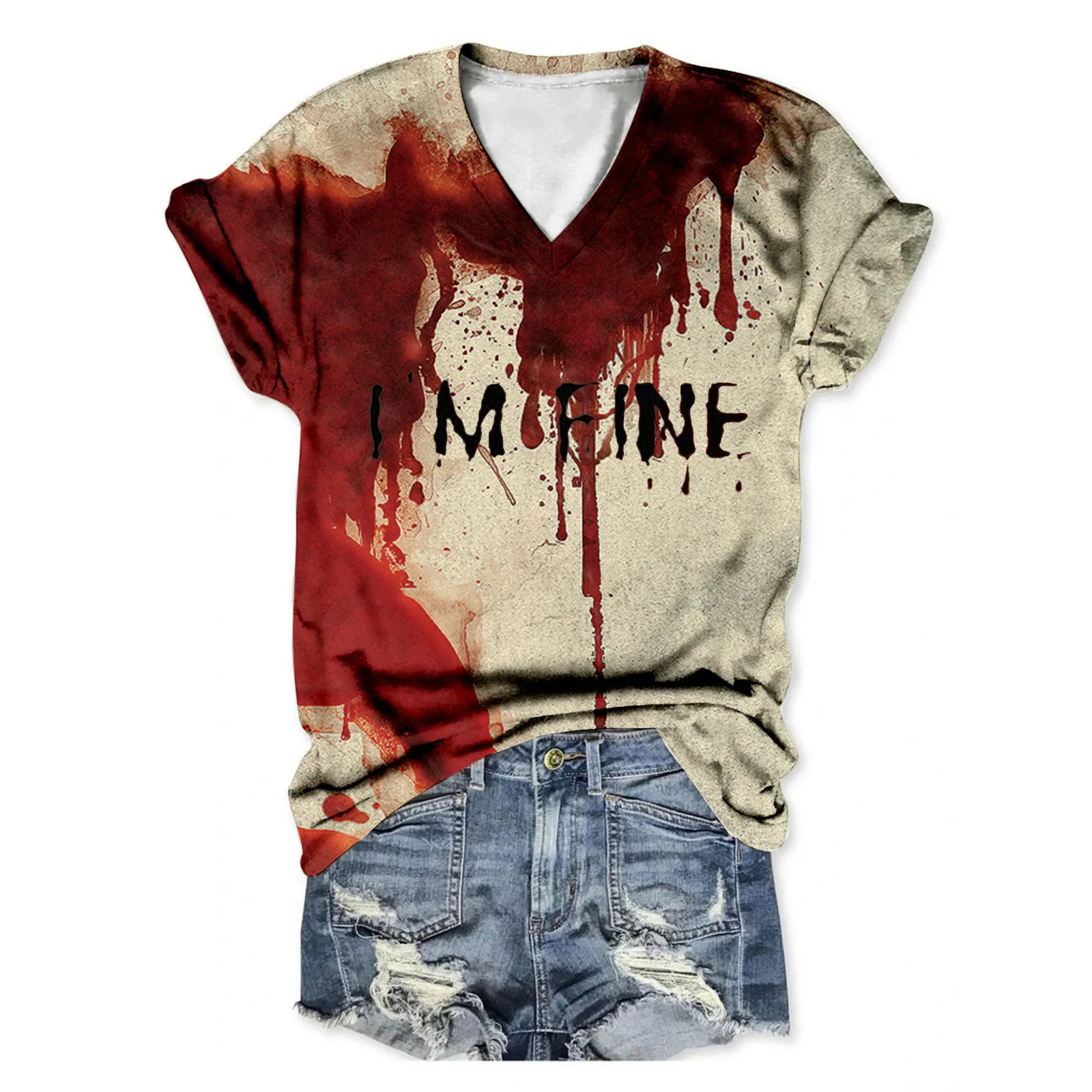 I Am Fine Blutige Schrift Handprint T-Shirt Halloween V-Neck Print Short Sleeve T-Shirt Holiday Party Distressed Bloody T-Shirt