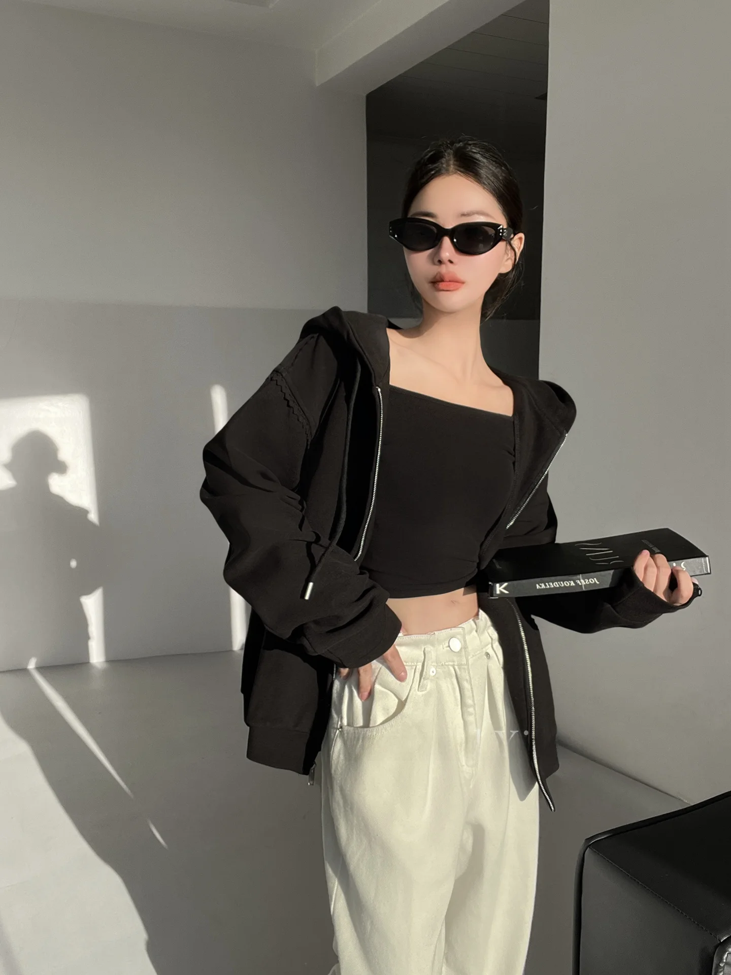 Felpa con finiture in pizzo occhi pesanti Capispalla semplice allentato da donna Autunno Cerniera Sport Top Hot Girl Street Sle