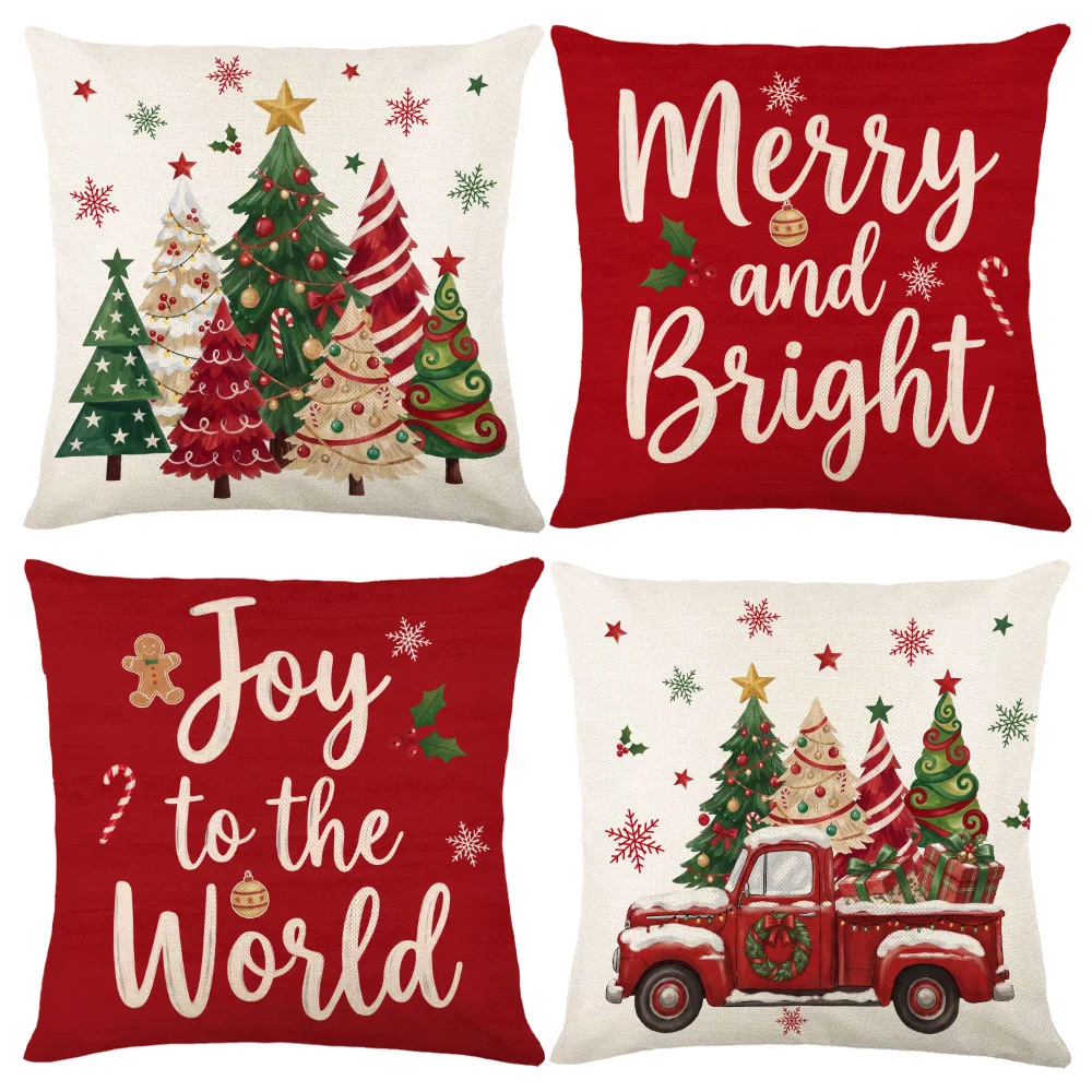 Christmas Linen Throw Pillows 4pcs 45x45cm, Suitable for Sofas,bedrooms,cars,and Home Holiday Decorations (without Inner Lining)