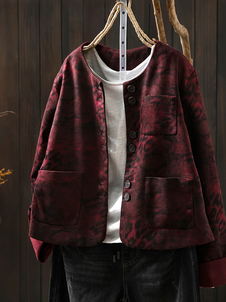 

Женские базовые короткие куртки с длинными рукавами, Новое поступление, осень 2022, винтажный стиль, женские повседневные пальто с круглым вырезом и леопардовым принтом M1907