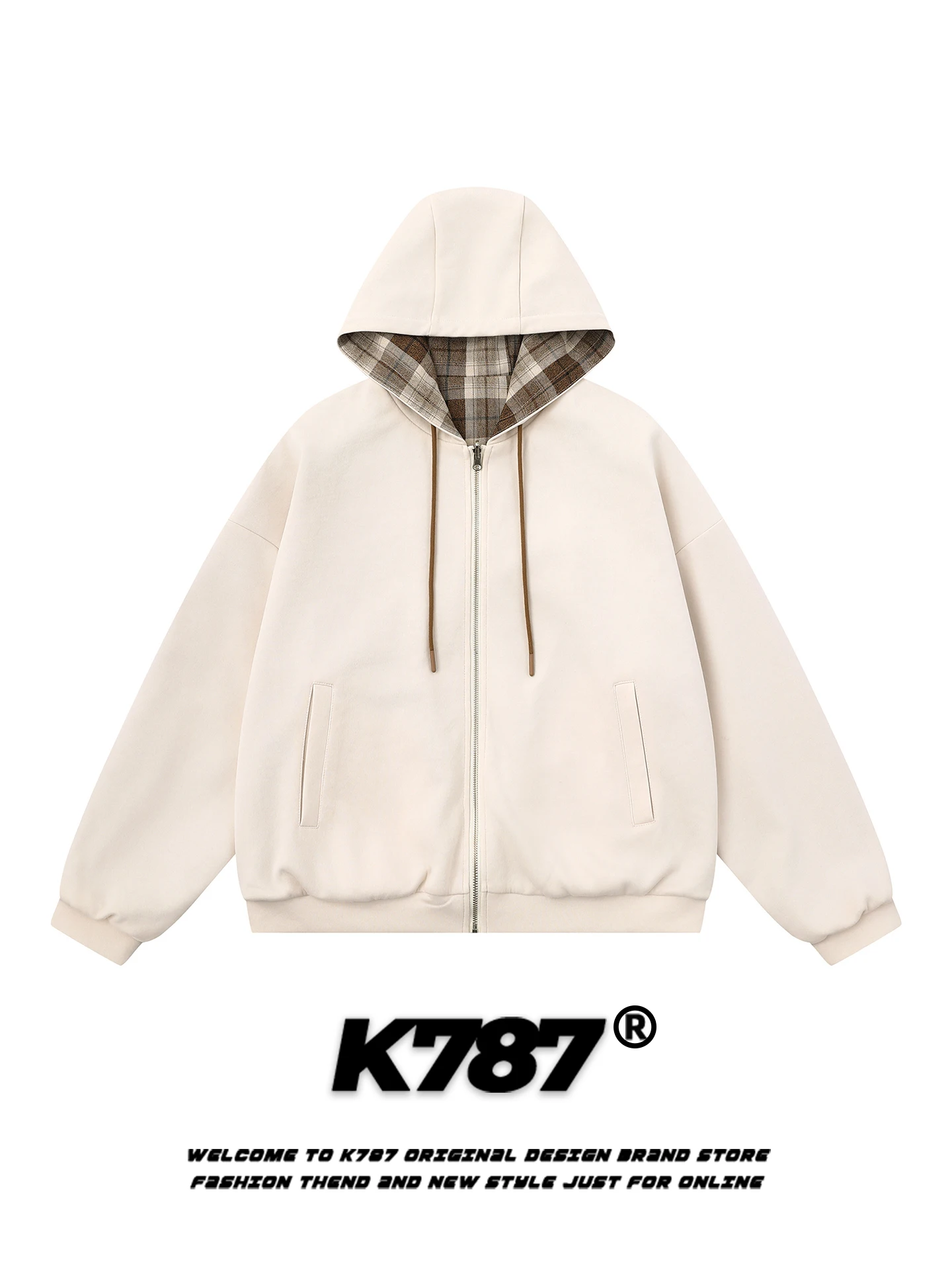 

K787 American Retro Double-Sided Wear Plaid Hoodie Men's Loose Casual Spring Zipper Open Cardigan Jaet Trendy Youth