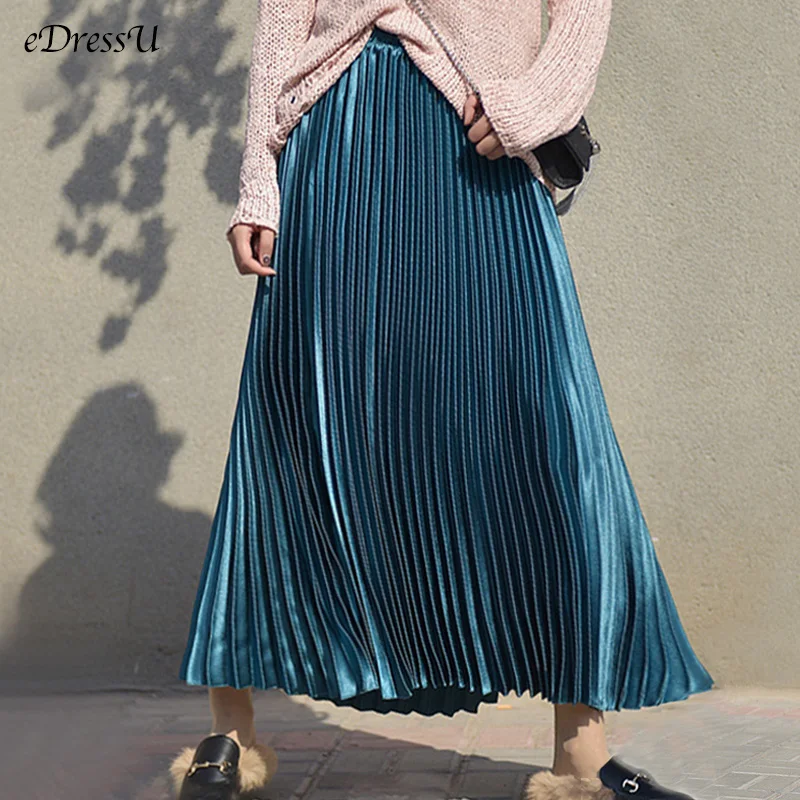 

eDressU 2023 Woman Long Pleated Skirt Elegant A-line Shiny Gold High Quality Vintage Bottom HMS-9838