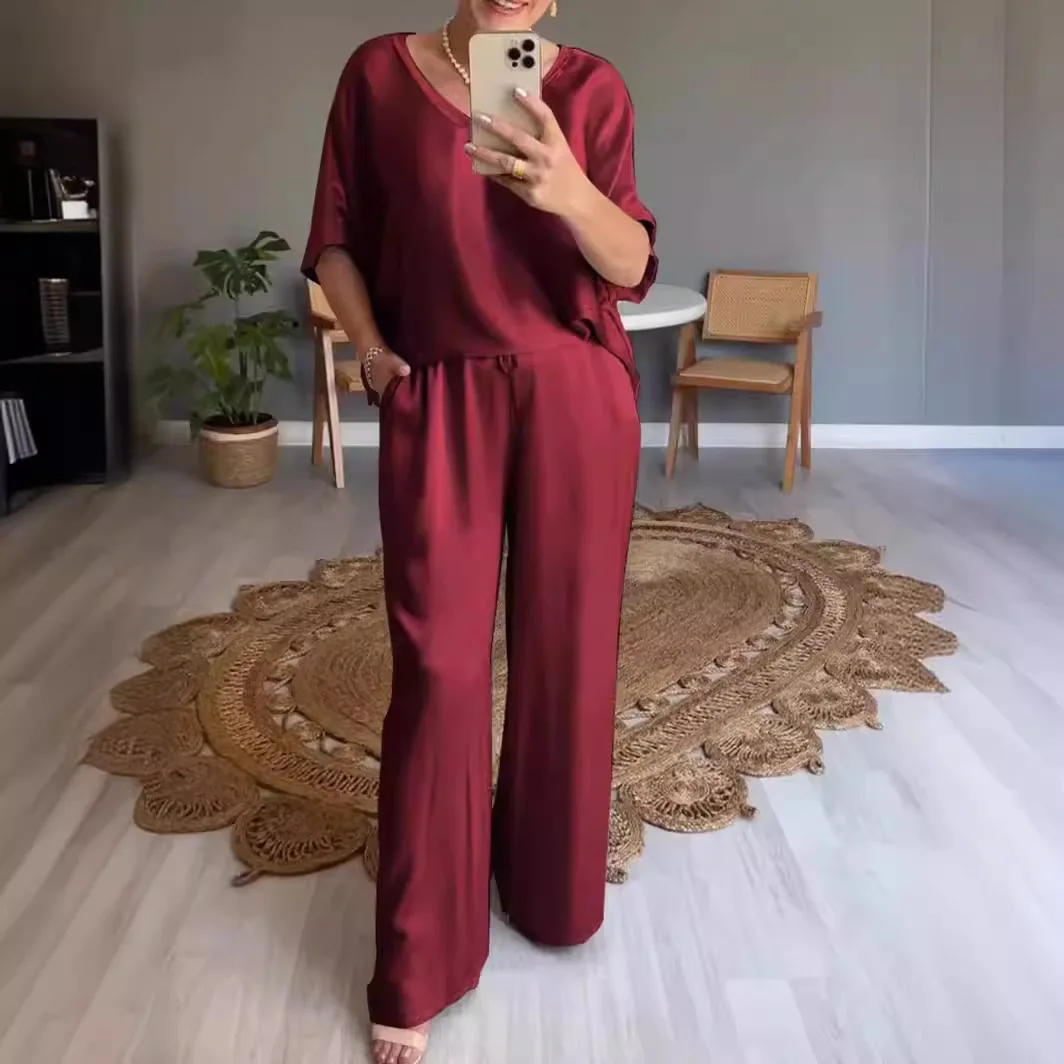 Summer Short-sleeved T-shirt Two-piece Solid Color V-neck Top Pullover Wide-leg Pants Suit For Women Spring Loose Satin Suit