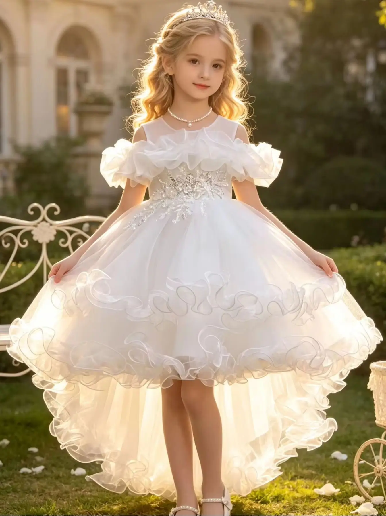 New Soft Gauze Decal Sleeveless Solid Color Trailing Fluffy Skirt for Girls Wedding Flower Girl New Year\'s Sweet and Cute Dress