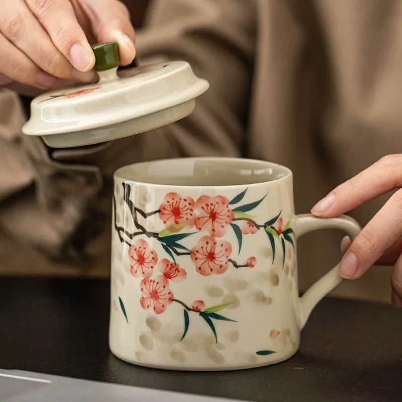 Chinese Style Hand Drawn Peach Blossoms Patterns Ceramic Teacups, Household Personal Office Creative With Cover Mugs, 290ml, 1Pc