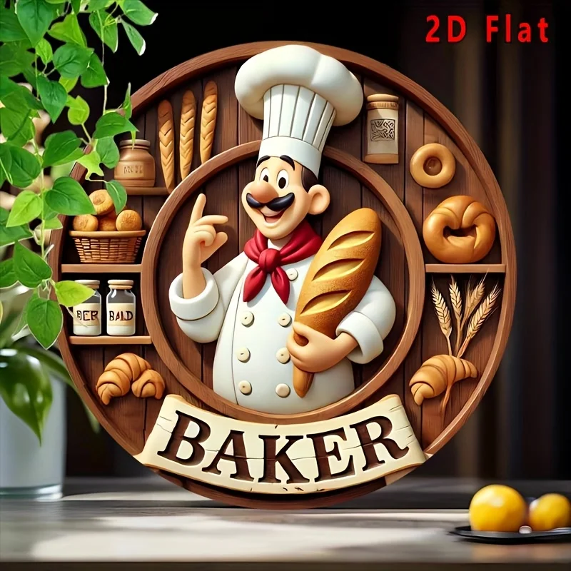 Vintage Metal Kitchen Wall Art Sign, Aluminum Round Chef Bakery Decor with Bread Basket Cutting Board Design for Home Bar Garden