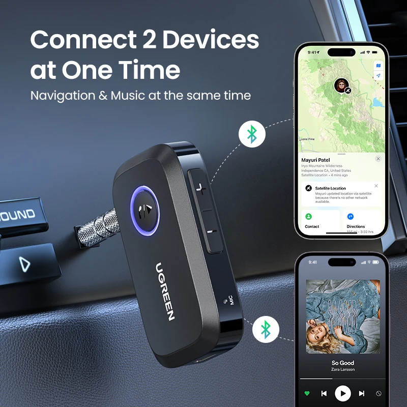 UGREEN-Adaptador de receptor de coche con Bluetooth 3,5, conector auxiliar de 5,3mm para altavoces de coche, receptor de Audio y música, manos libres