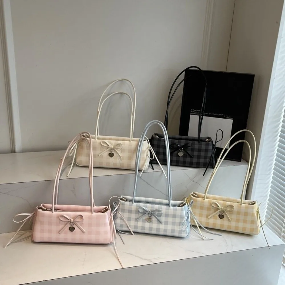 

Sweet Plaid French Stick Handbag Y2K Korean Style PU Shoulder Bag Waterproof High Quality Bow Underarm Bags Travel