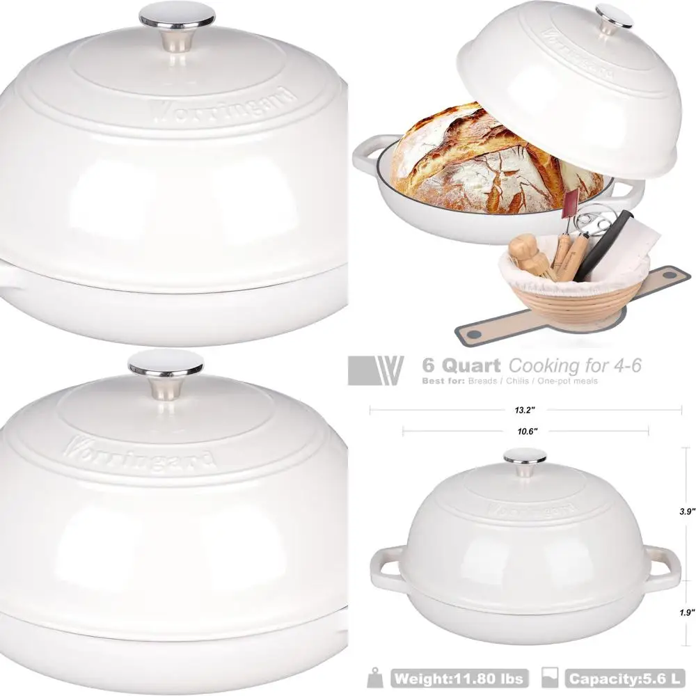 

White 6-Quart Enamel Cast Iron Dutch Oven with Lid, Perfect for Sourdough Bread and Proofing Basket Set