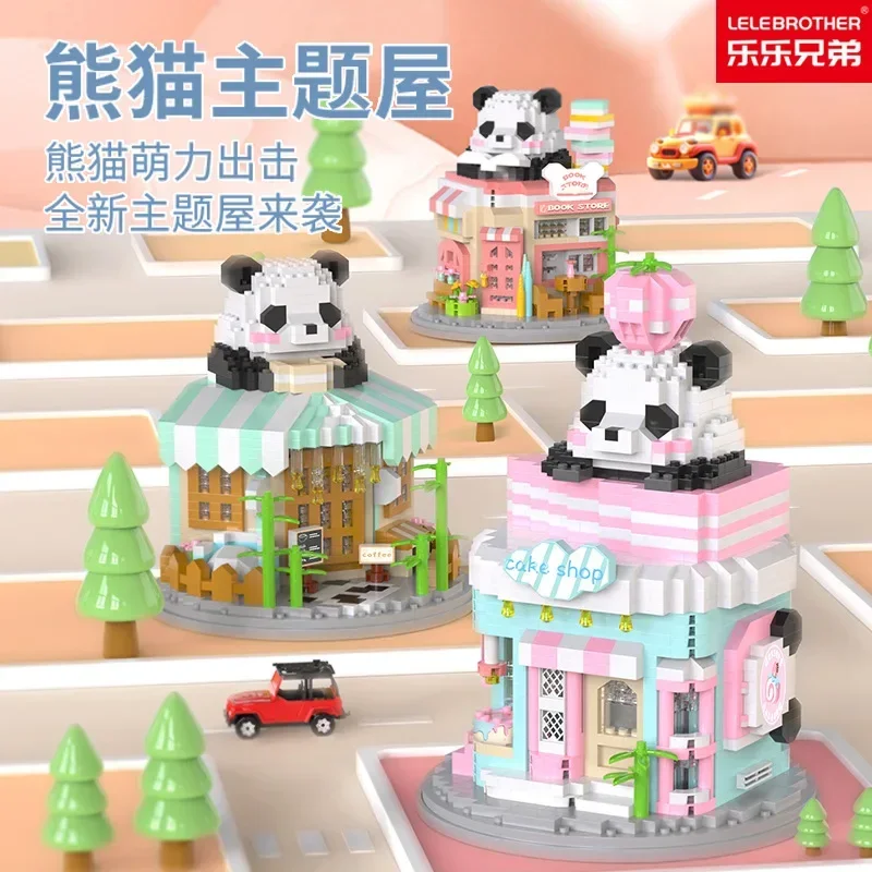 Panda Street View Micro Building Blocks DIY Bookstore 3D Model MOC Coffee Store Mini Brick Figure Toys For Christmas Gift