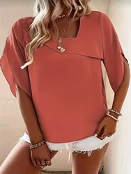 Plus Size Solid Asymmetric Neckline Loose Blouse, Elegant Flared Half Sleeve Blouse, Women's Clothing