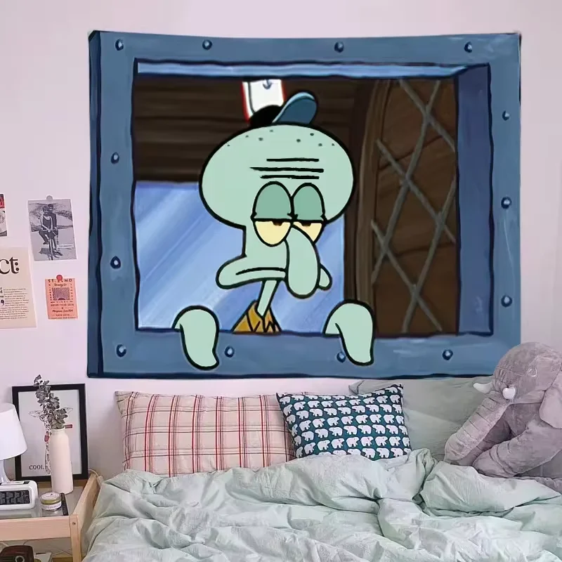 Spongebob Squidward Background Fabric Cute Funny Tapestry Room Bedroom Hanging Decorative Background Wall Fabric Christmas Gift