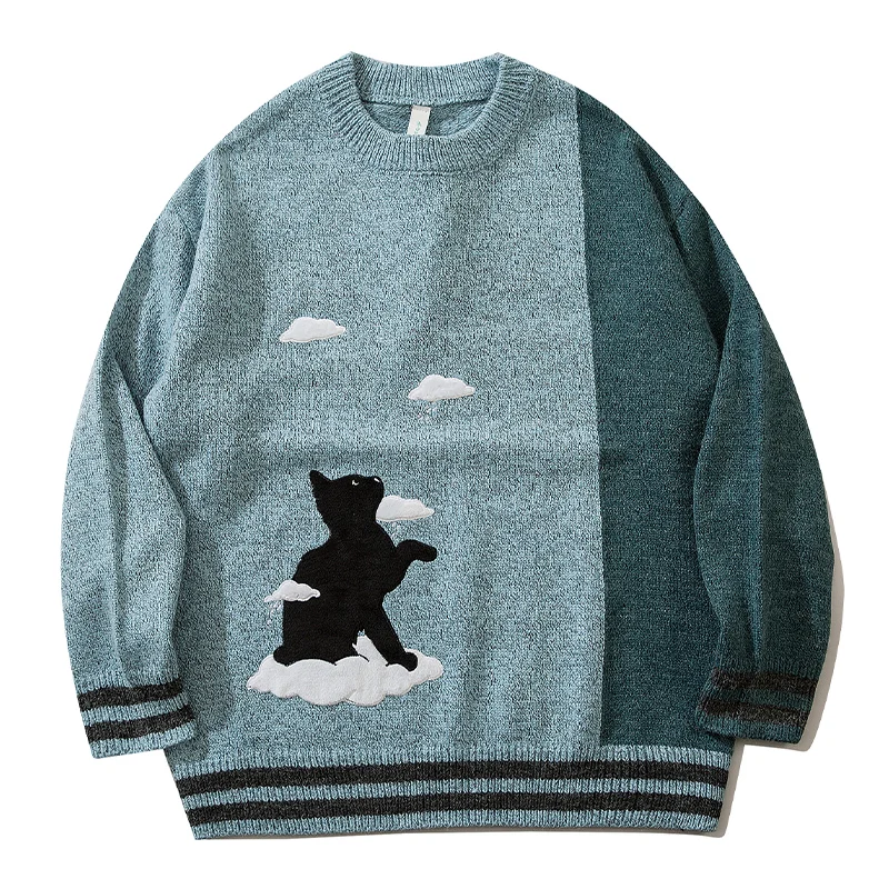 Cat Embroidery Colorblock Knitted Sweater For Men Hip Hop Pullovers Sweater Streetwear Retro Cotton Loose Couple Sweater Autumn