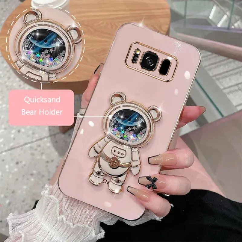 Phone Case For Samsung Galaxy S8 Plus Soft Silicone Luxury Plating Cartoon Bear Fold Stand Phone Case Cover