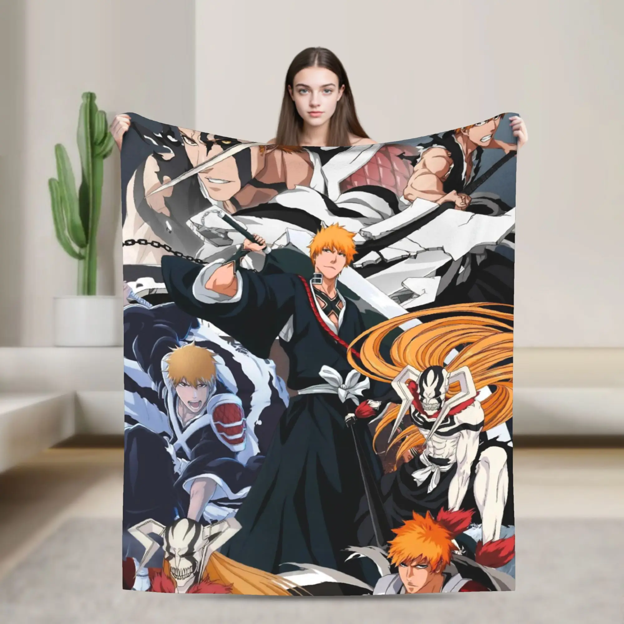 Kurosaki Ichigo Knitted Blankets Fleece Bleaches Anime Soft Throw Blankets for Airplane Travel Bed Rug