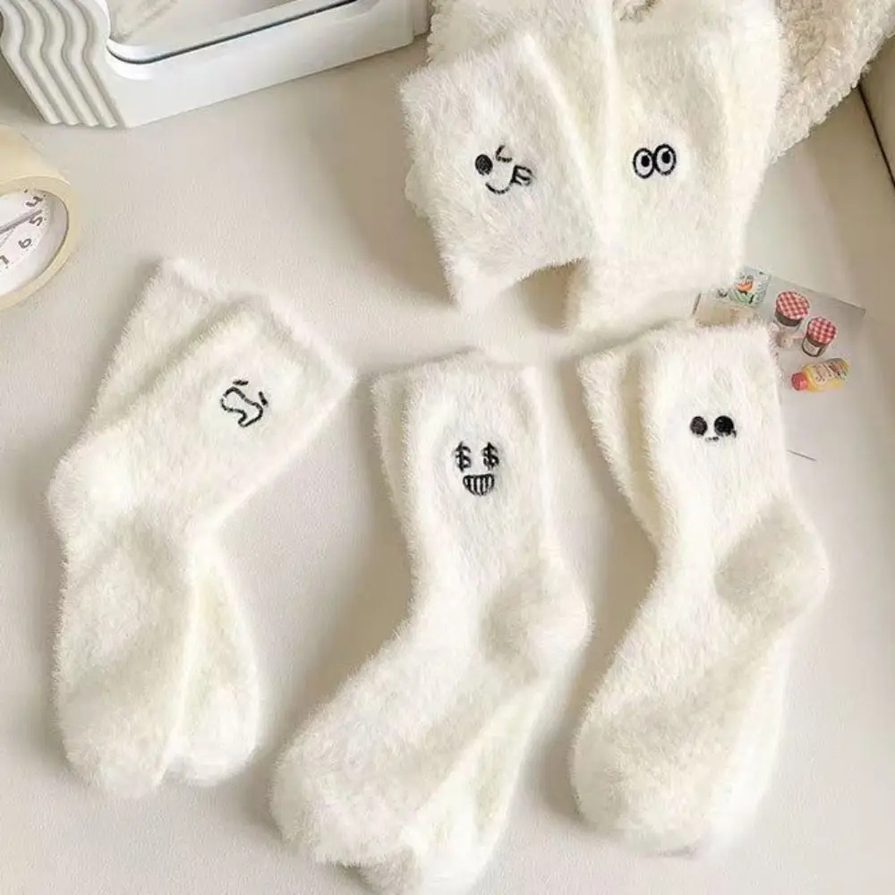 

5Pairs Cute Embroidered Mink Fur Socks Cartoon Sweet Sleeping Socks Women Hosiery Soft Plush Socks Girls