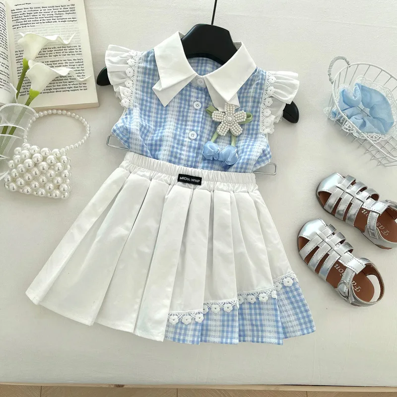

Children's Outfit Dress New Summer Girl Flower Short Sleeve Puff Sleeve Top+Elastic Waist Pleated Skirt Two-Piece Set