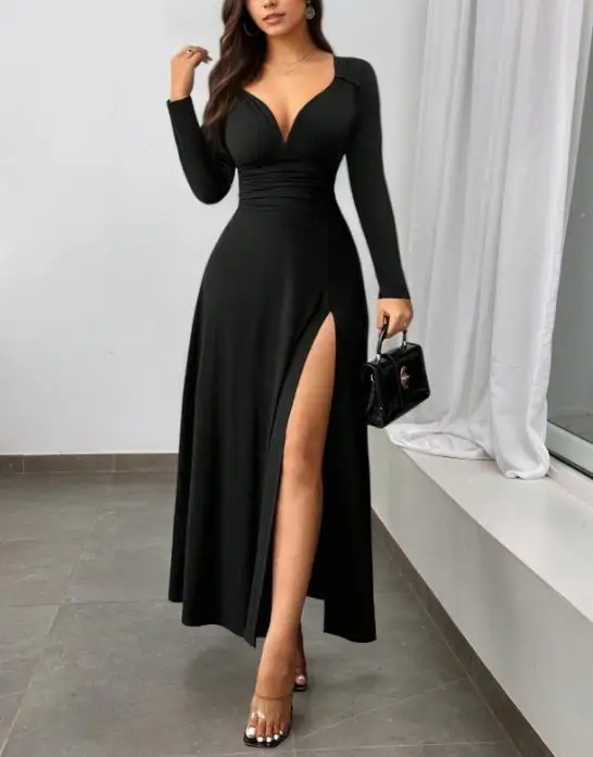 

Retro Deep V-Neck Long Sleeved Slit Black Large Swing Dress for Women, Slim Fit and Waist Cinching Elegant and Fashionable Dress