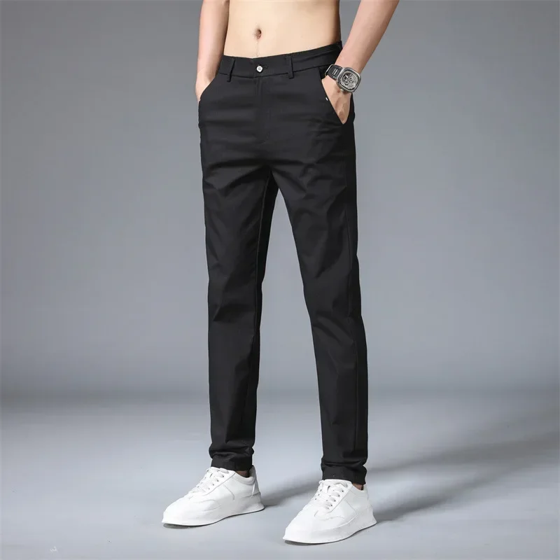2025 pantalones casuales de verano para hombre, pantalones finos elásticos ajustados con cintura elástica de algodón, pantalones coreanos clásicos de negocios para hombre, color caqui y gris 28-38