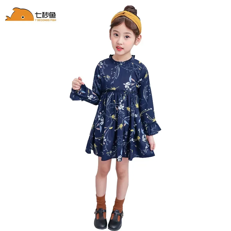 

Girl Summer Dress Elegant Floral Long Sleeve Girls Vestidos for 3 4 5 6 7 8 Years Blue White Enfant es Flower Korean