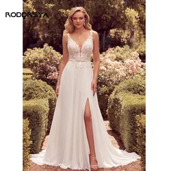 RODDRSYA semplice Boho Chic abito da sposa per le donne civile una linea con scollo A v Appliques Backless abiti da sposa in Chiffon Abito da sposa semplice Boho Chic per le donne Civile Una linea V-Neck Appliques Bac