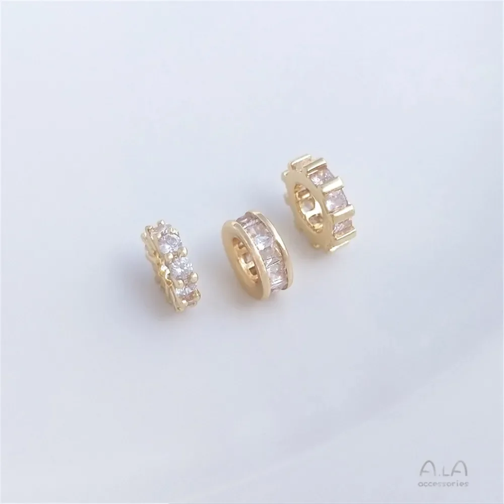 Microembutidos Zircão Ouro Anel De Diamante, 14K Coberto, Quadrado Zircônio Roda Spacer Bead, DIY Handmade Jóias Acessórios