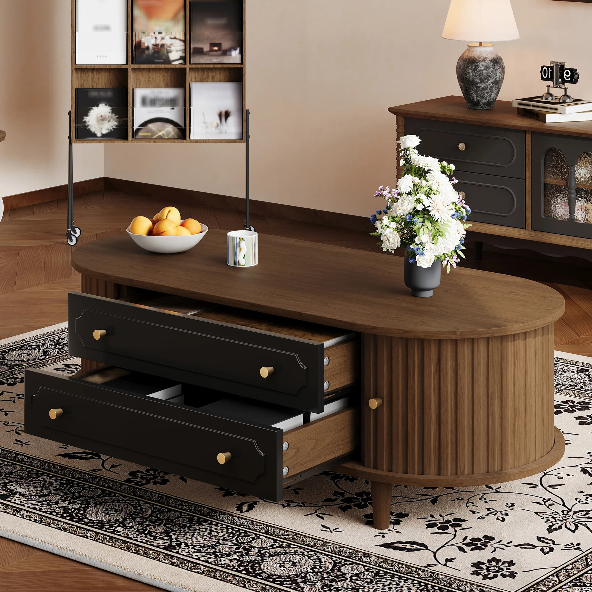 Okwish Salontafel - Opbergruimte - 2 Laden en Schuifdeuren - Spaanplaat - Eiken en Zwart