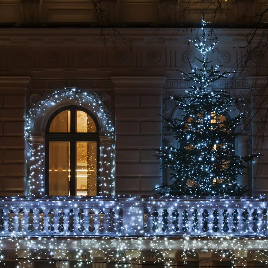 Guirnalda de luces LED de Navidad para exteriores, luces de hadas para fiesta de jardín, lámpara de decoración de boda con adaptador de seguridad de 24V, 50M, 30M, 8 modos