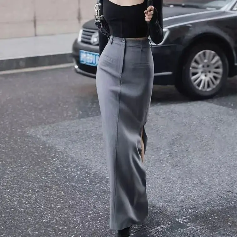 

Women Wrap Hip Midi Skirts 2024 New High Waist Workwear Office Lady Side Split Sheath Pencil Skirt Female Long Suit Skirts